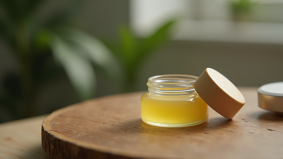 Close-up view of a small jar of CBD balm on a wooden surface