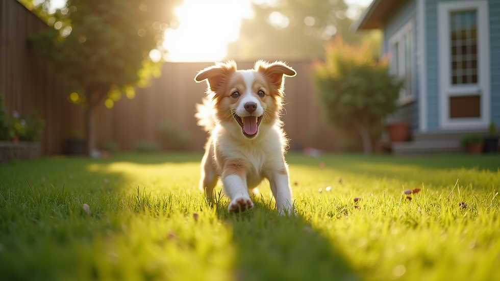 High angle view of a happy dog playing in a sunny backyard