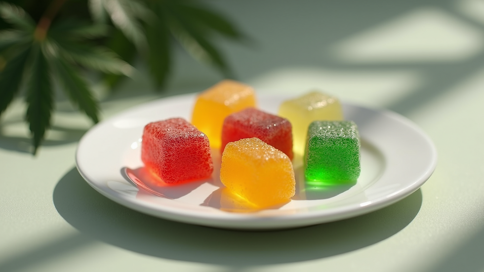 Close-up view of colorful cannabis gummies on a white plate