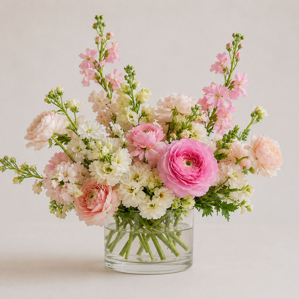 Thumbnail: Garden Romance accent arrangement with blush roses, ranunculus, and seasonal flowers in a white vessel.