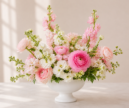 Romantic garden-style floral accent arrangement with blush roses, Garden-style wedding centerpiece with blush roses, ranunculus, and soft spring florals in white ceramic vase.