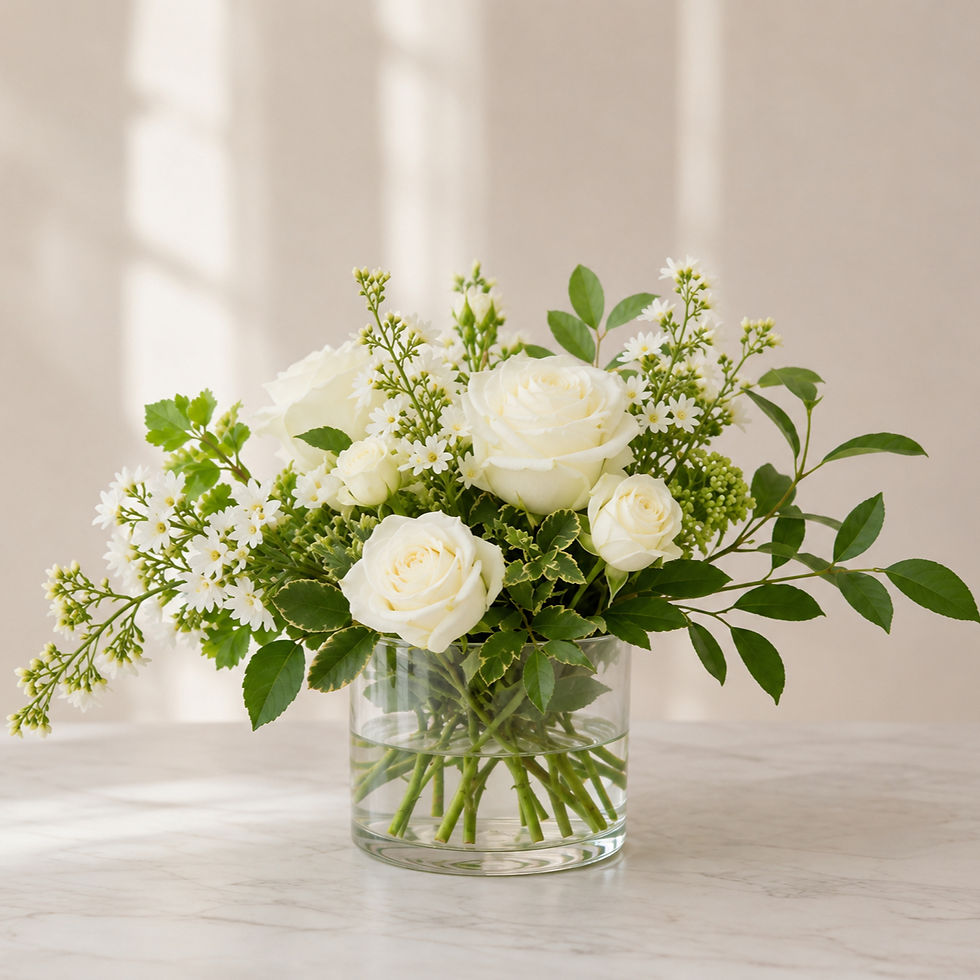 Thumbnail: Classic Garden accent arrangement with white roses, seasonal flowers, and lush greenery arranged in a clear glass vase.