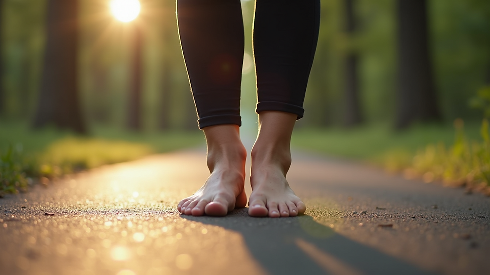 Close-up view of feet firmly planted on the ground during standing meditation