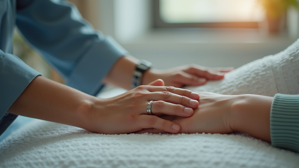 Close-up view of a therapist’s hand gently guiding a client during a session