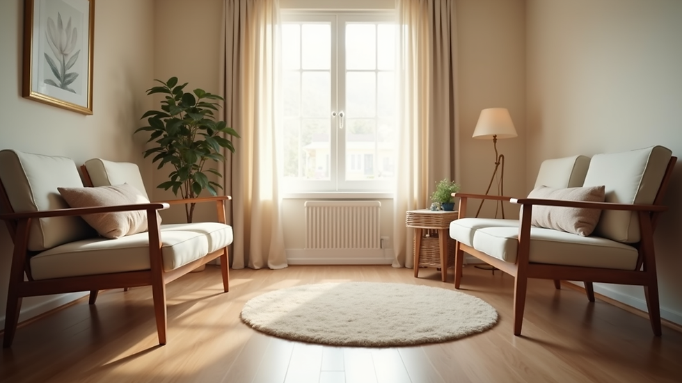 Eye-level view of a calm therapy room with soft lighting and comfortable chairs