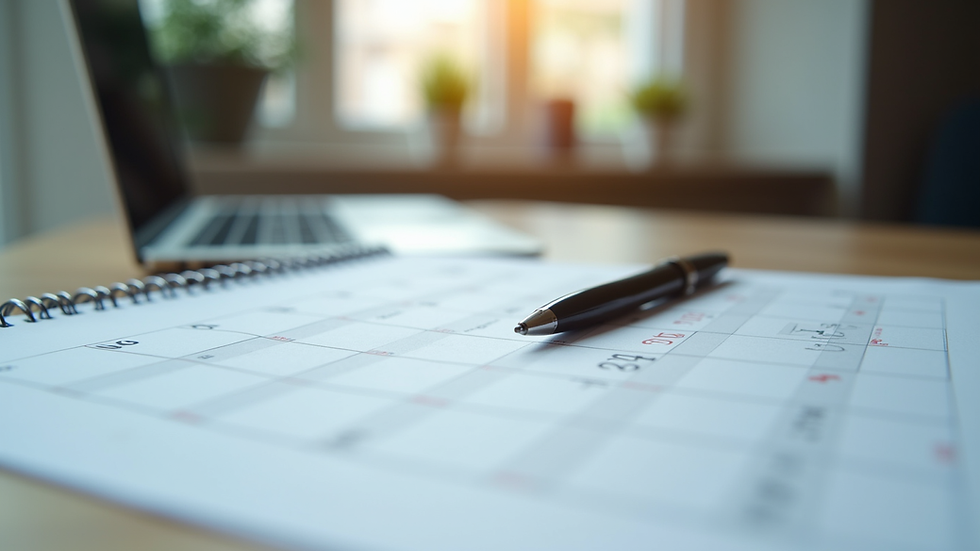 Close-up view of a calendar and a pen on a desk