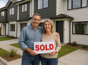 a man and woman standing outside a house they just purchased