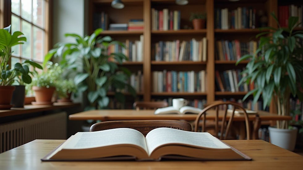 Eye-level view of a cozy study space filled with books and plants