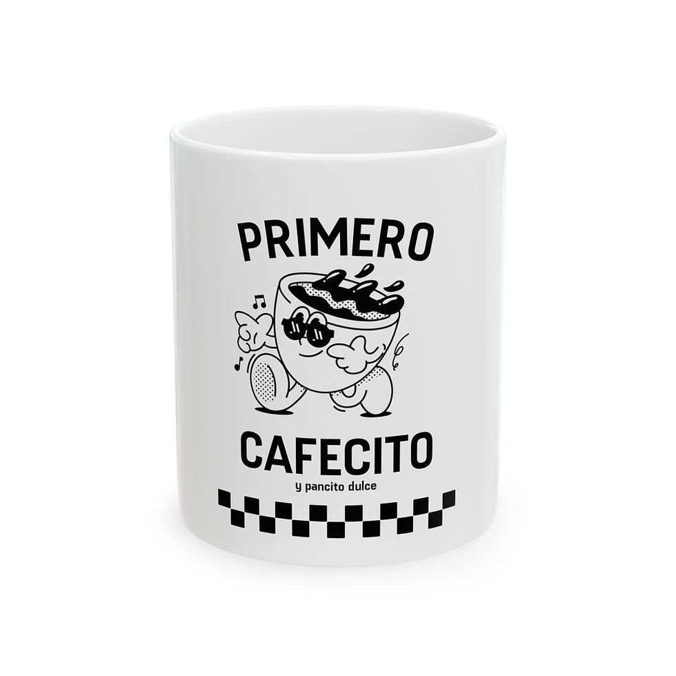 Thumbnail: White mug with "PRIMERO CAFECITO" text and cartoon coffee cup