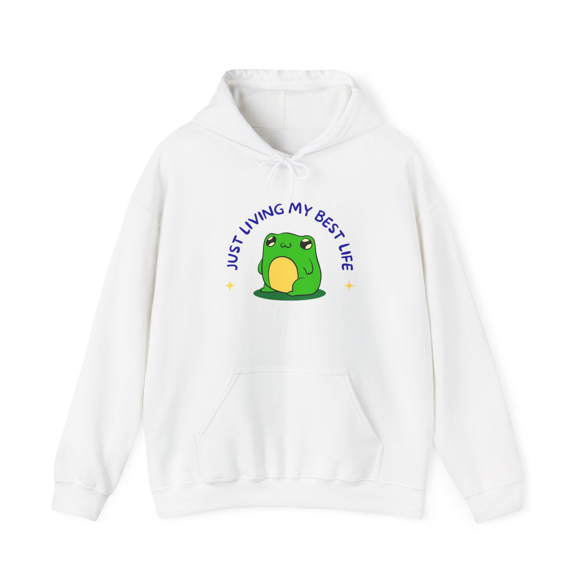 White hoodie with frog and 'JUST LIVING MY BEST LIFE' text