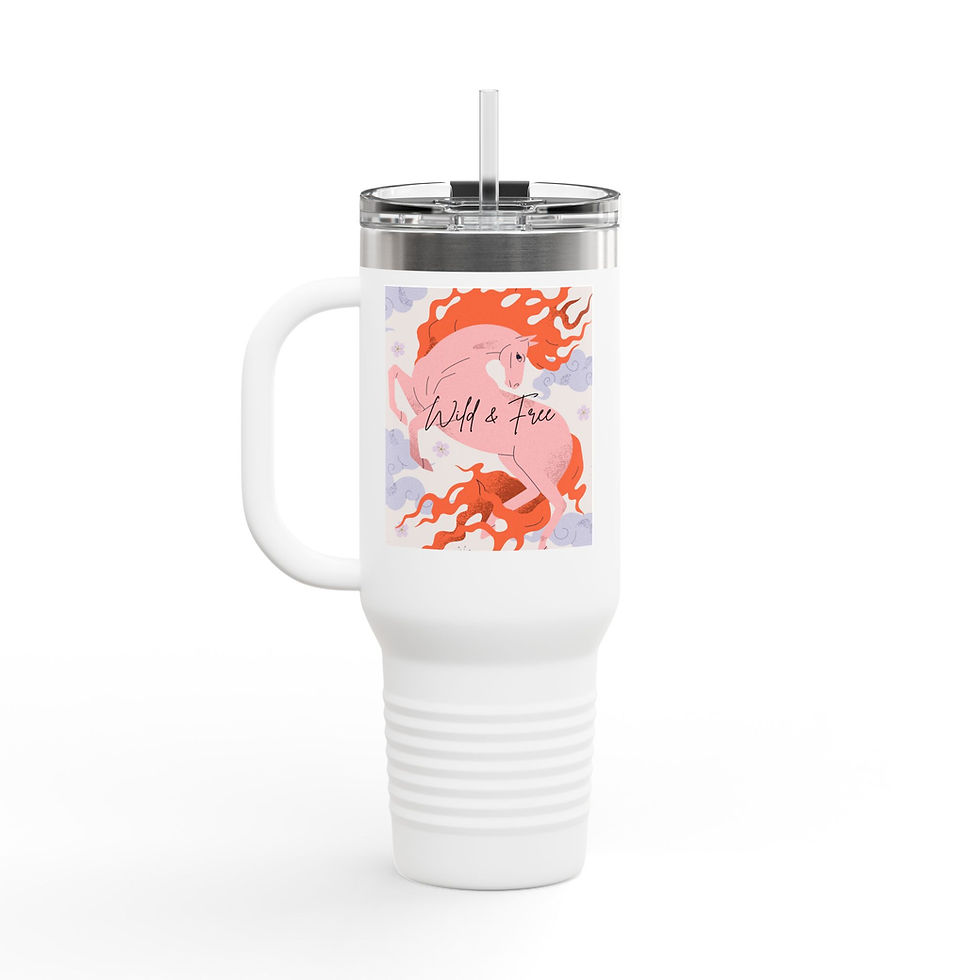 40oz insulated travel mug, 'Wild & Free' pink horse design
