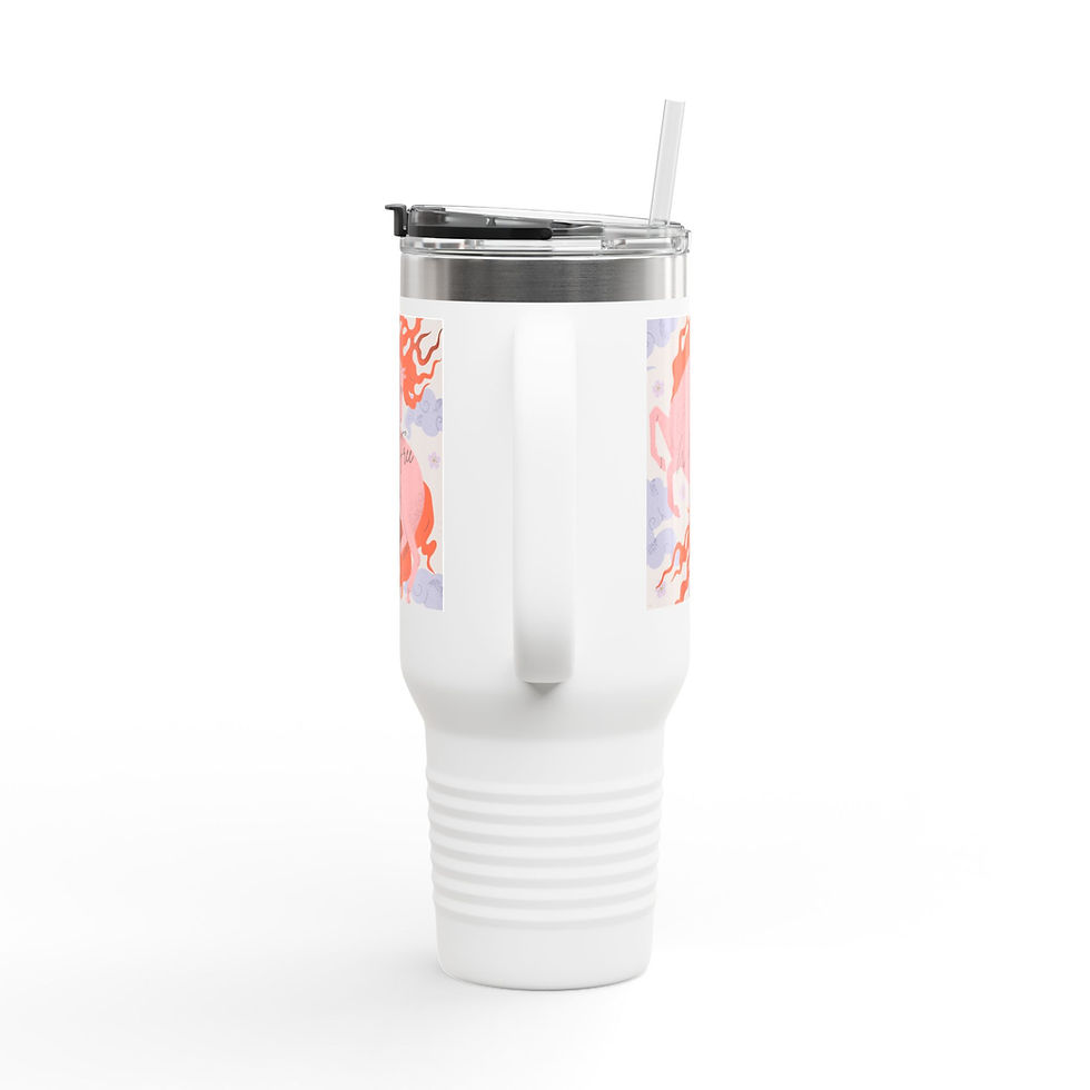 Thumbnail: White travel tumbler with handle, straw, pink floral design