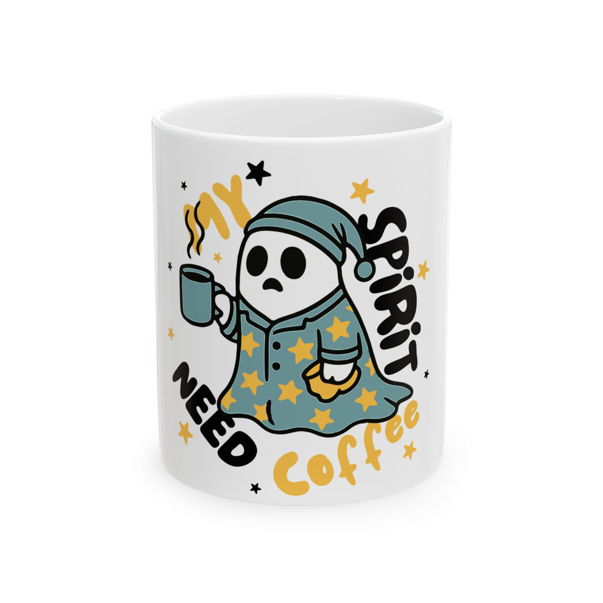 Ghost in pajamas coffee mug, 'Spirits Need Coffee'
