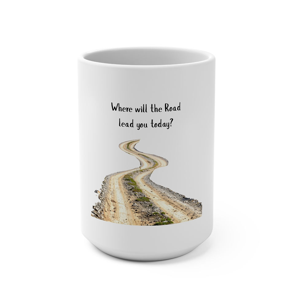 Mug with winding road, text 'Where will the Road lead you today?'