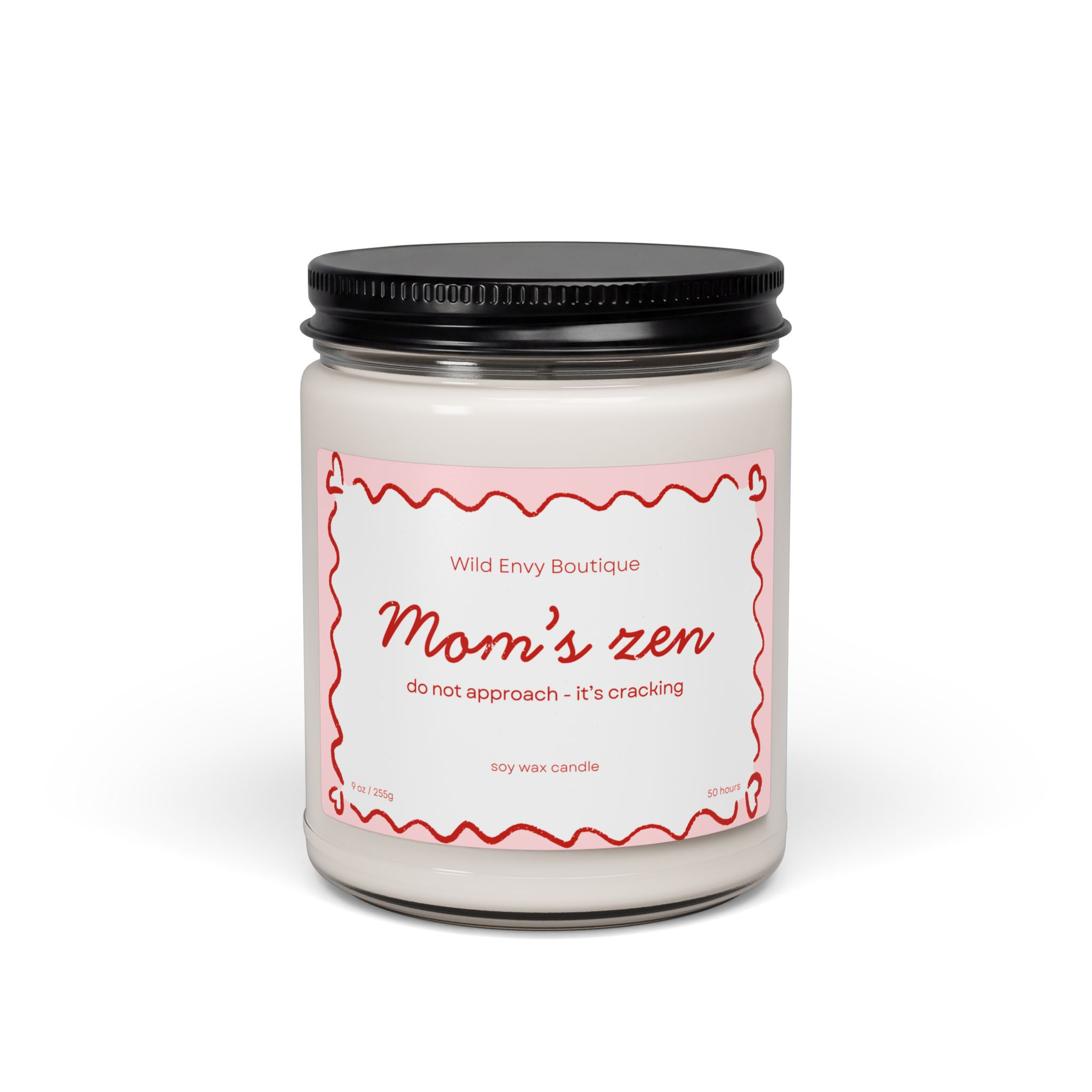White candle with 'Mom's zen' label