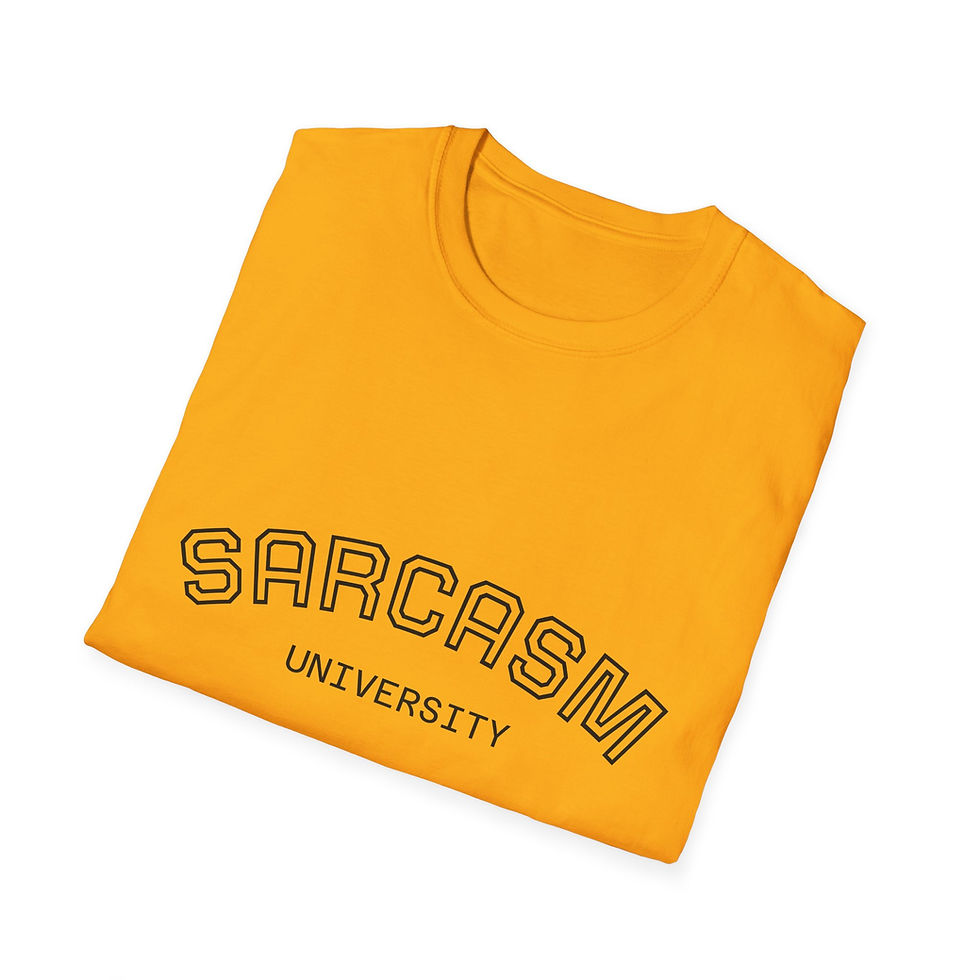 Thumbnail: Yellow t-shirt with SARCASM UNIVERSITY text