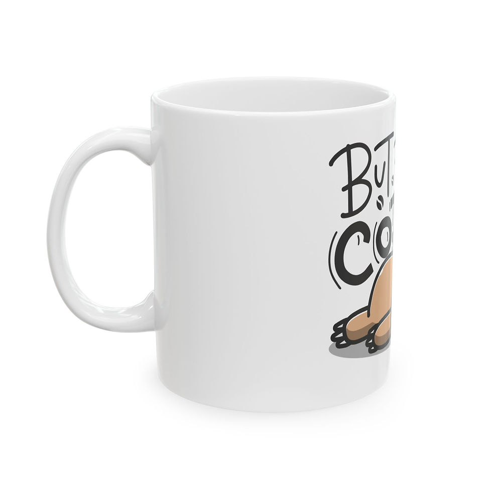 Thumbnail: White mug with sleepy bear and 'But first COFFEE' text