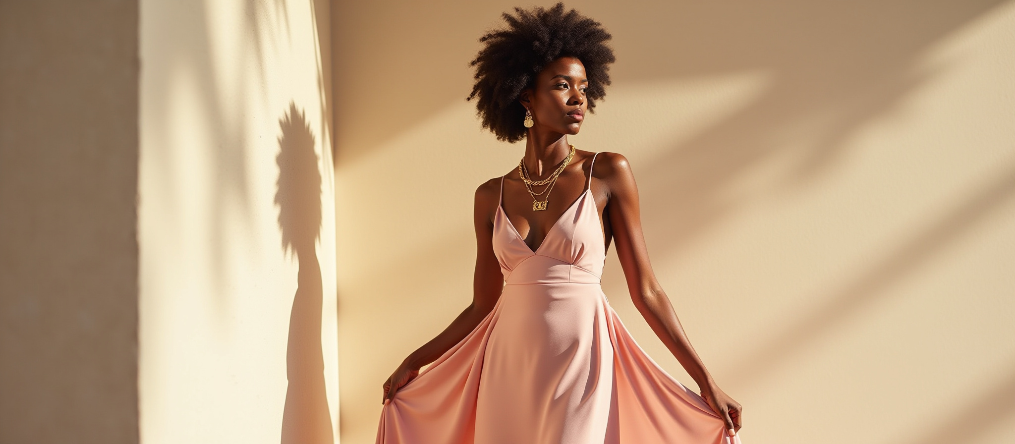 Colored woman standing in a strappy light pink dress holding out her skirt. Has gold necklaces on.