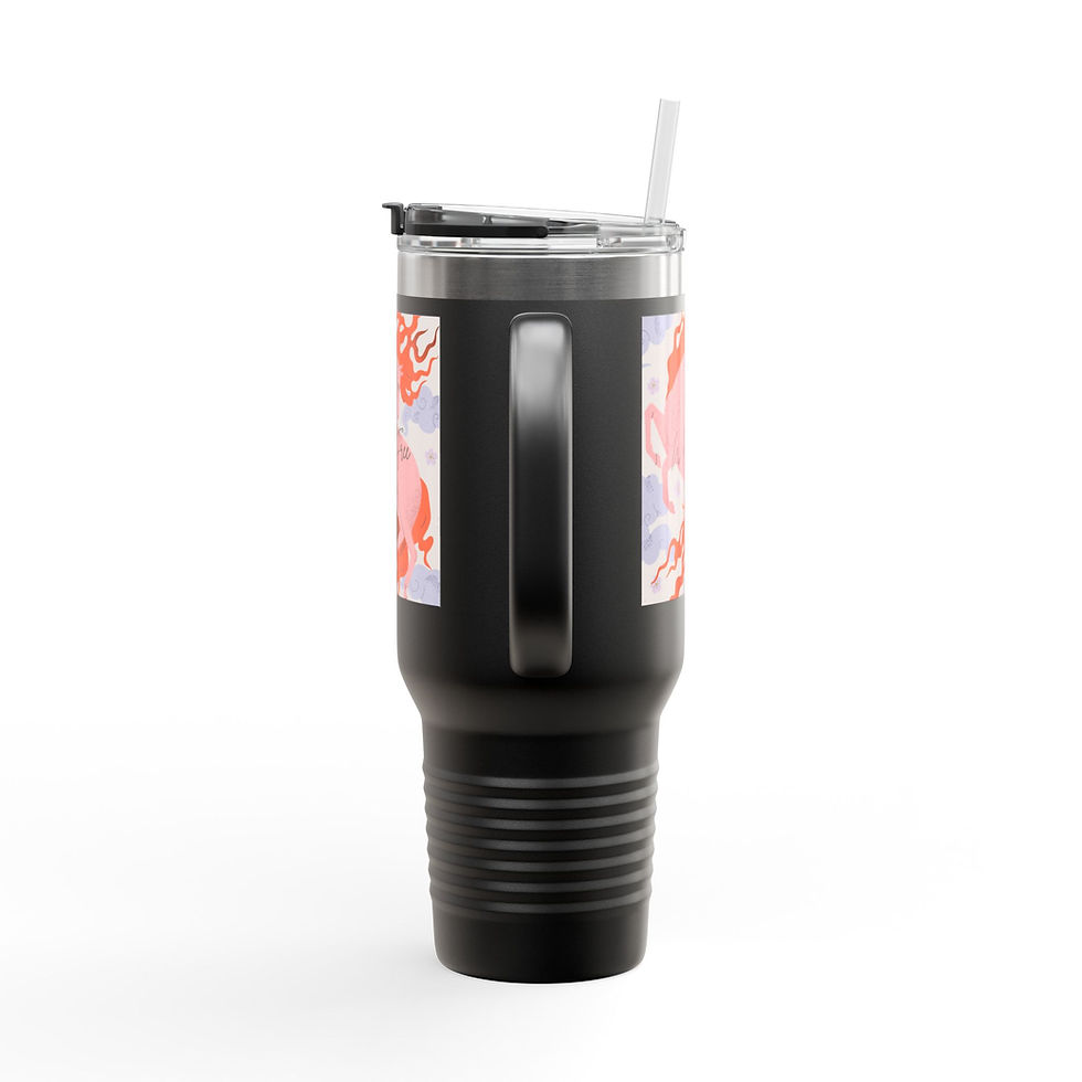 Thumbnail: Black travel mug with pink floral design and straw