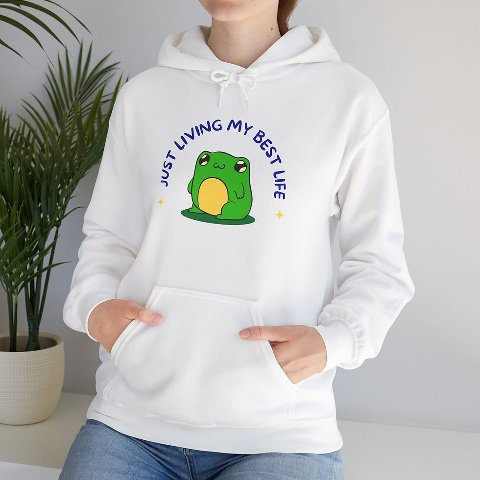 Thumbnail: White hoodie with frog design and 'JUST LIVING MY BEST LIFE'