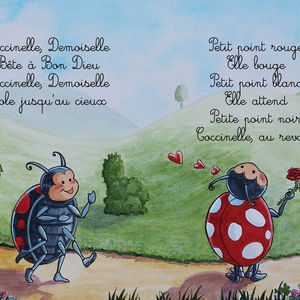 comptine pour enfants, coccinelle demoiselle, illustration, édition, jeunesse aquarelle