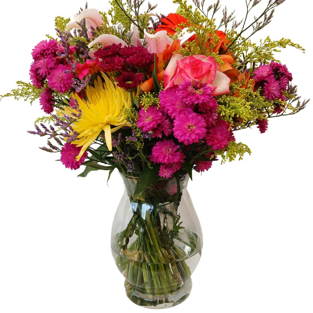 Arranjo de flores nobres coloridas em tons de primavera no vaso de vidro para presente