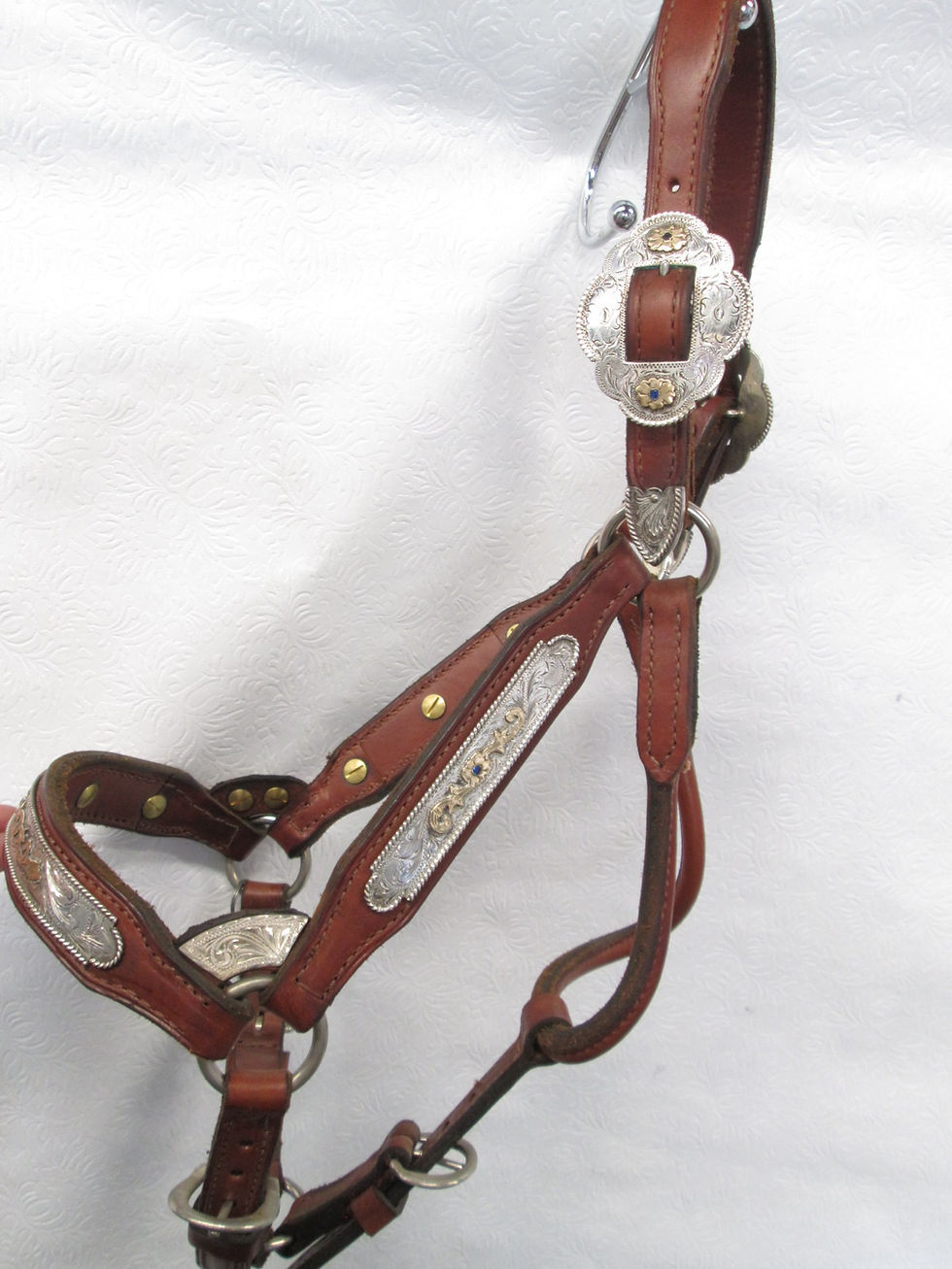 Thumbnail: New Broken Horn Show Halter - Blue Stones - Sterling Overlay (Y-2Yo)
