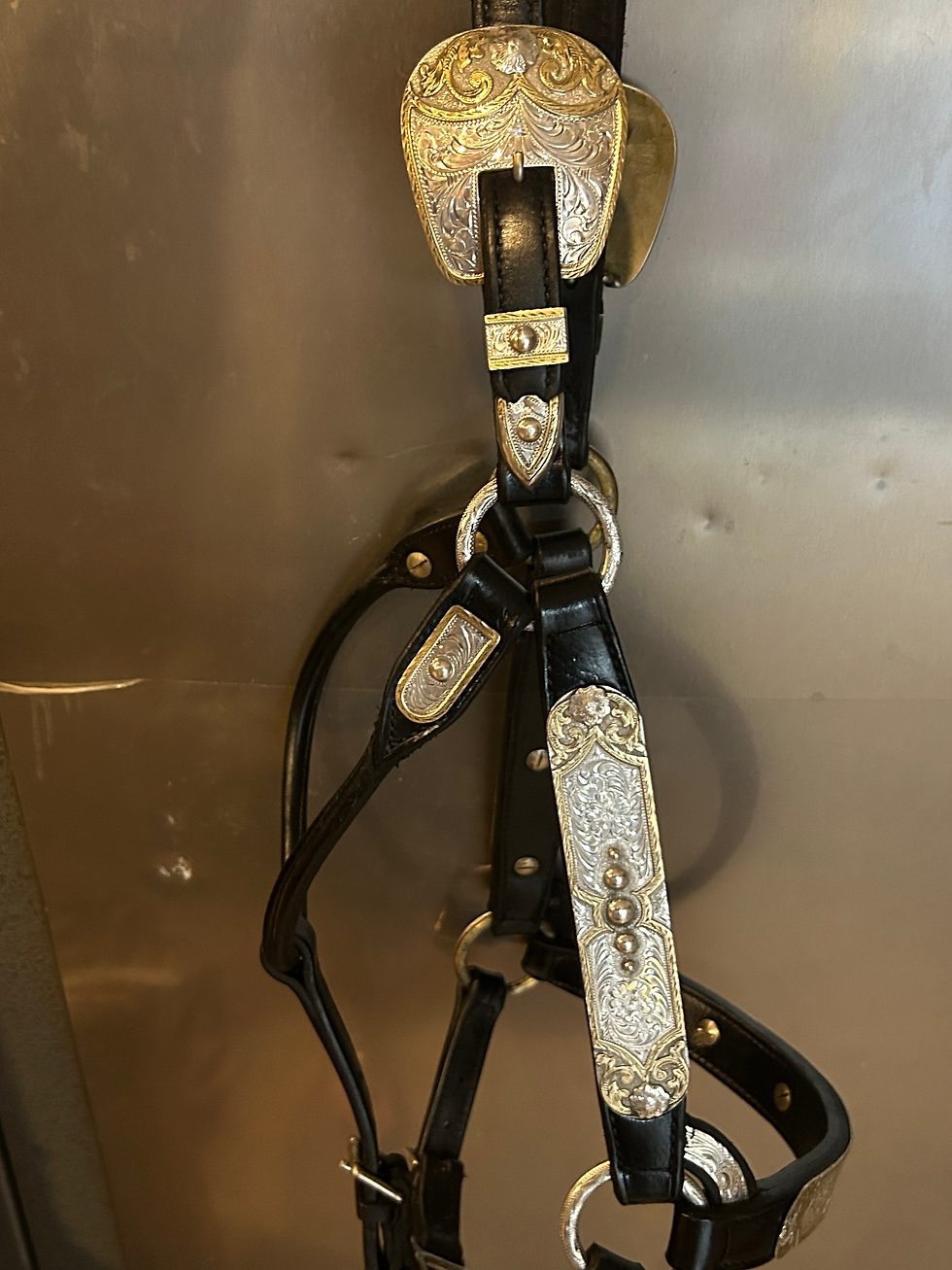 Thumbnail: Broken Horn Stunning Horse Size Sterling Overlay Halter - Congress cut