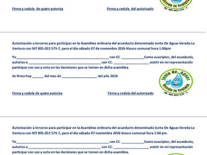 Formato de autorización participación en Asambleas acueducto, recuerde que solo se puede autorizar máximo ( 2 ) dos autorizados con el titular suscriptor , y si no es suscriptor tan solo a 2.