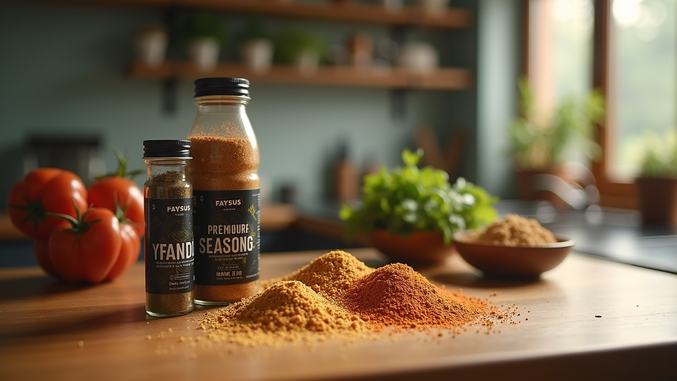 Close-up view of FAYSUS Premium Seasonings on a wooden kitchen counter