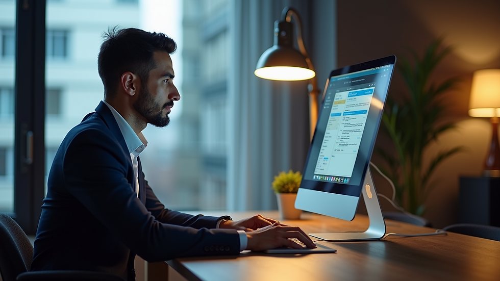 Vista de un emprendedor trabajando en su computadora portátil en un entorno moderno