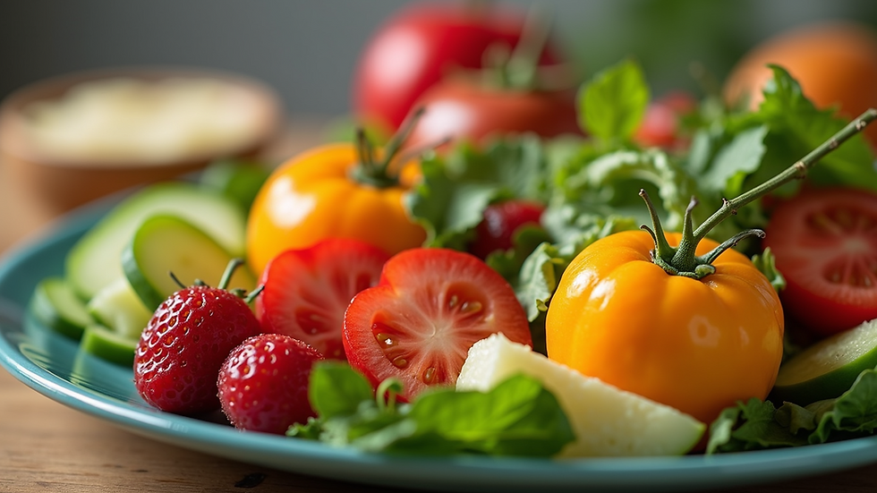 Close-up view of a healthy meal with fruits and vegetables