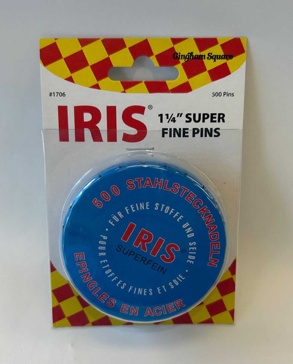 Iris pins from Switzerland in a blue tin of 500 pins. 1-1/4" long. Superfine and Banksville recommends for non-head pins.