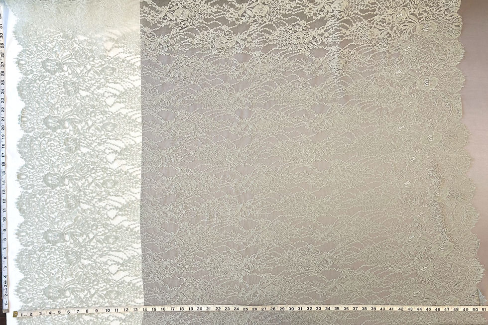Thumbnail: sage green floral french lace over white and grey fabrics with a tape measure