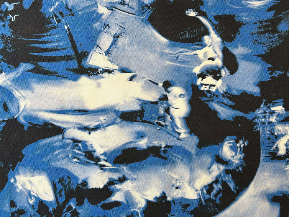 Thumbnail: closeup of fabric with skateboarder in blue, black and white