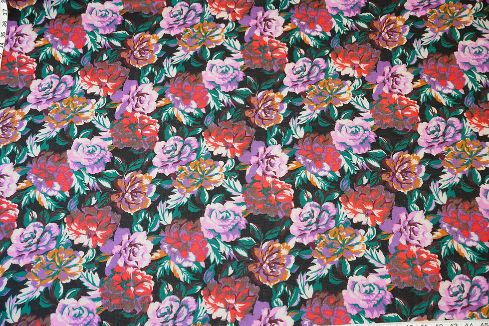 Thumbnail: closeup of wool floral fabric in lavender and red and gold and green