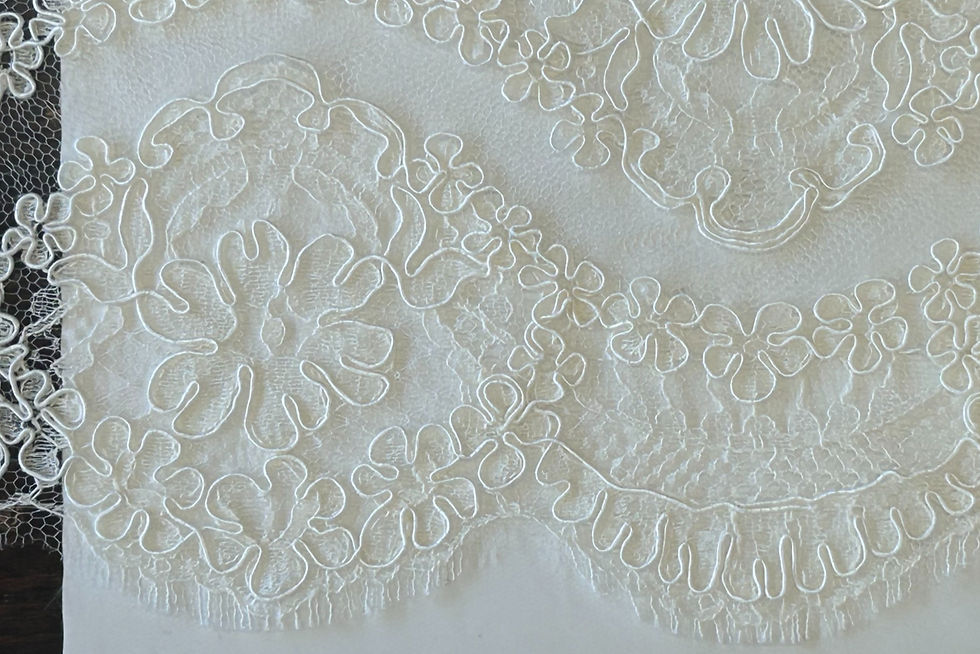 Thumbnail: closeup of ivory floral lace over a white fabric