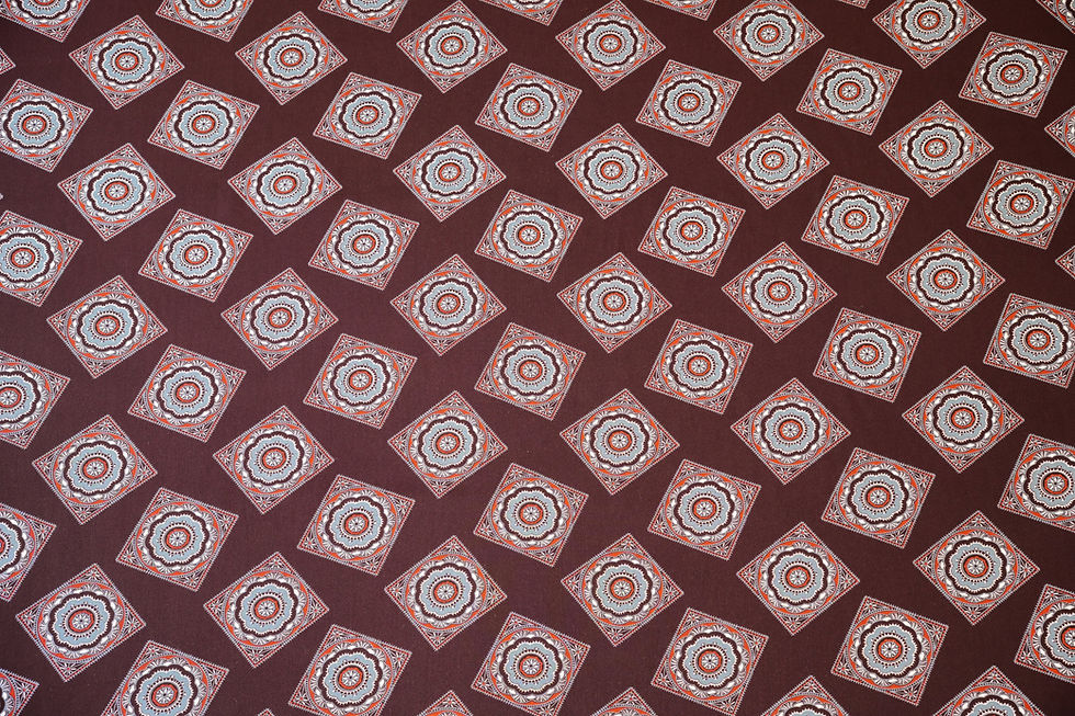 Thumbnail: maroon rayon challis fabric with squares of grey, red and cream