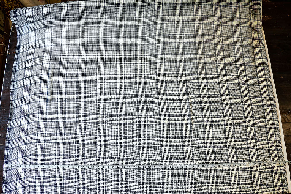Thumbnail: navy and ivory plaid silk sheer fabric with a tape measure