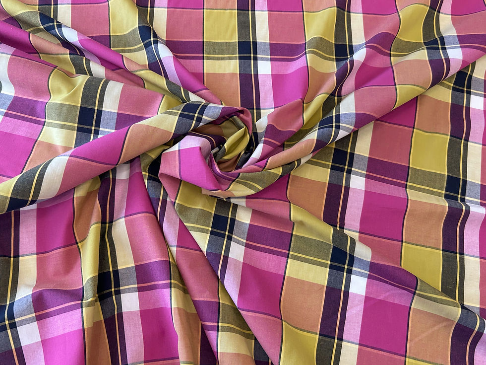 Thumbnail: swirl of plaid fabric to show pink, black, white and mustard