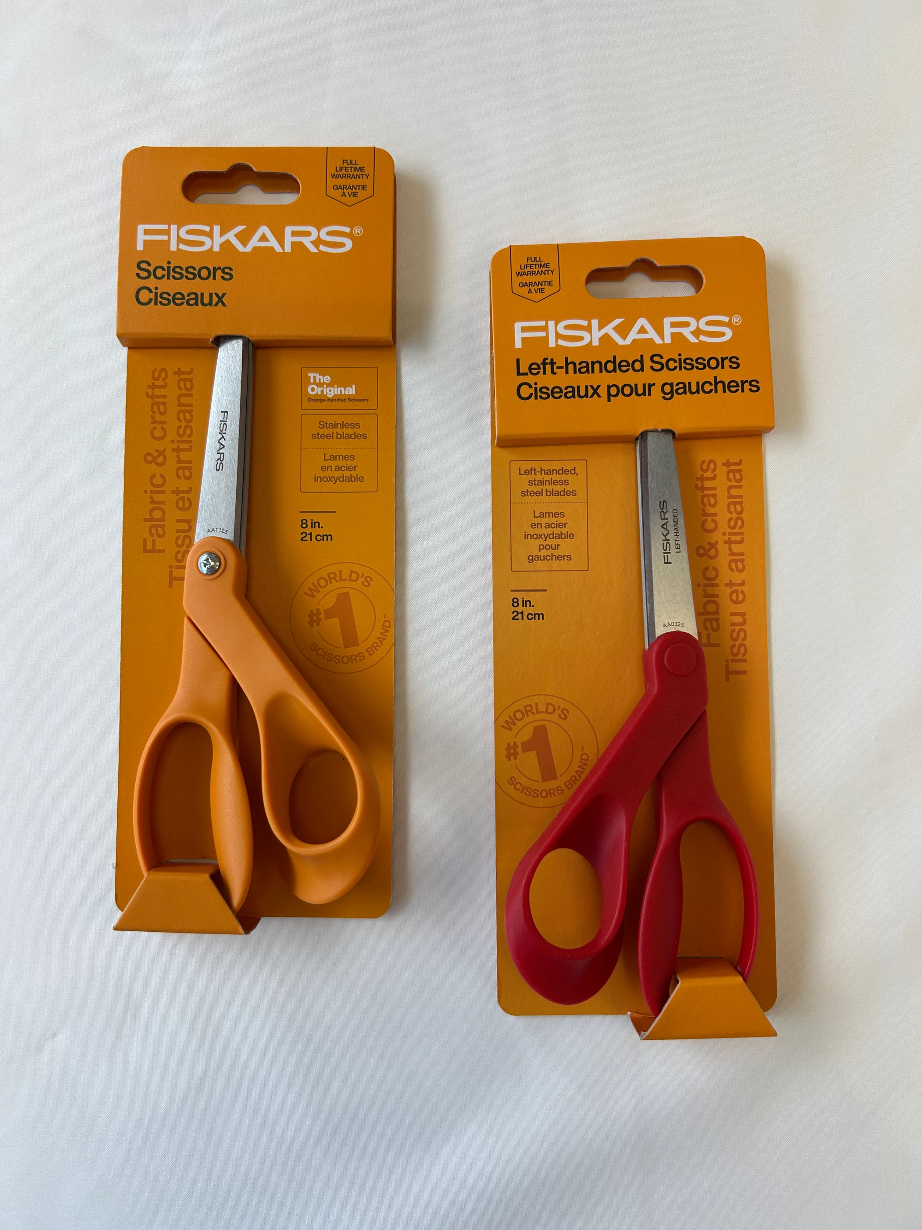 Fiskars orange right-hand and red left-hand bent scissors