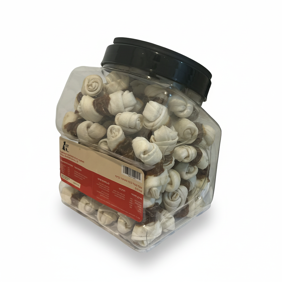 עצמות קשר מצופות ברווז – צנצנת 800 גרם - Duck-Wrapped Rawhide Knotted Bones