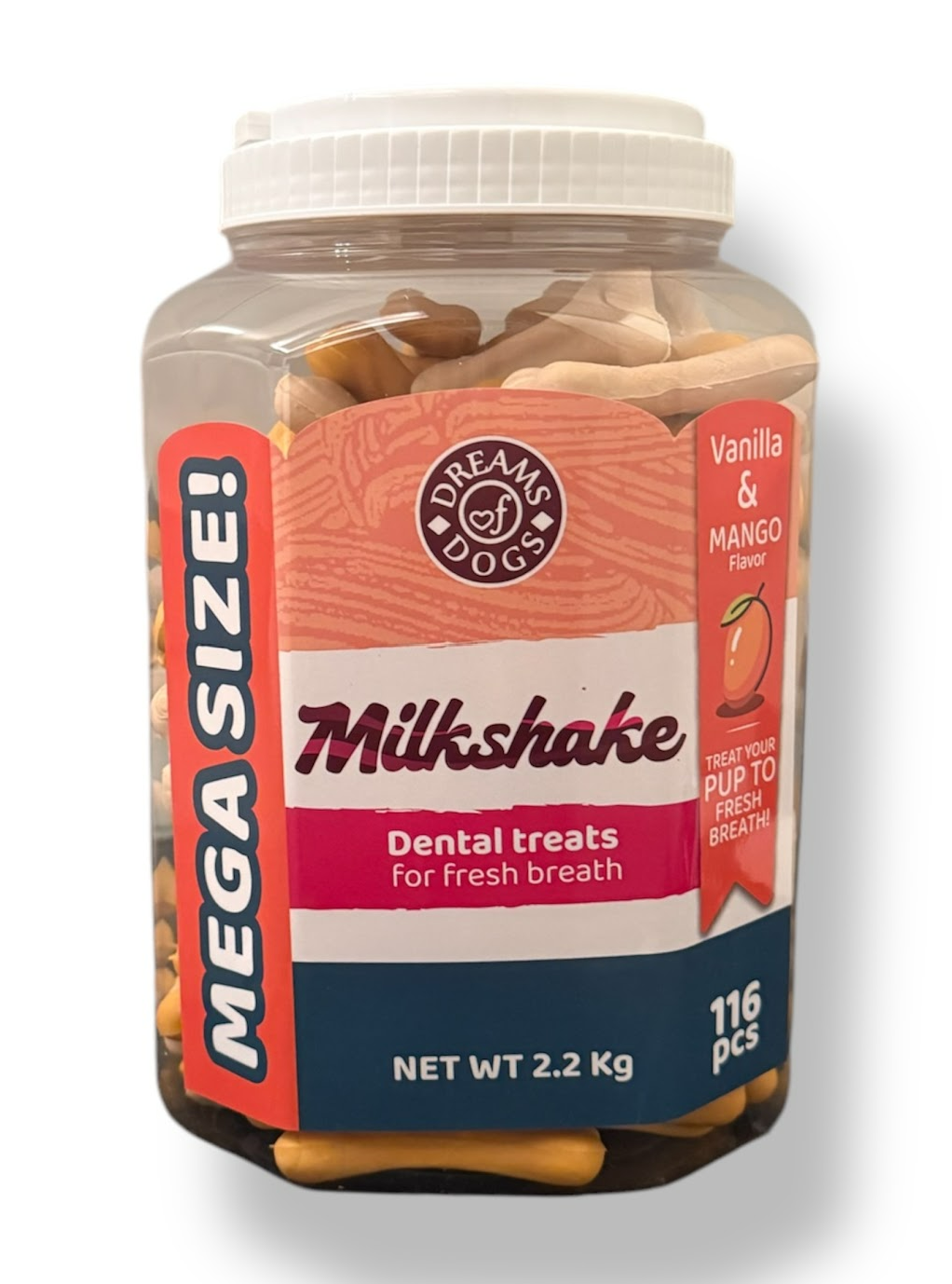 חטיף עצם דנטלי מילקשייק וניל ומנגו בצנצנת 116 יחידות | Dreams of Dogs
