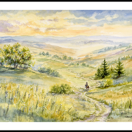 Echoes of the Journey original watercolor by Diana Vodjansky with a lone horseman riding a winding trail through sunlit rolling hills inspired by Garfield, Whitman County, Washington