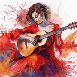Rhythm in Red original watercolor portrait painting featuring a flamenco guitarist in a flowing red dress with expressive paint splashes, bold vibrant colors, intricate guitar details, and dramatic light and shadow, representing Diana Vodjansky's first breakthrough moment in watercolor, fine art watercolor by Diana Vodjansky
