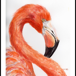 A Certain Elegance watercolor flamingo portrait by Oregon artist Diana Vodjansky featuring a curved coral-red neck, golden eye and black-tipped bill