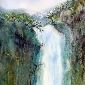 Watercolor painting of tall waterfall flowing between cliffs with green vegetation.Vertical Waterfall Watercolor Painting – Mountain Landscape Art – Nature Wall Decor