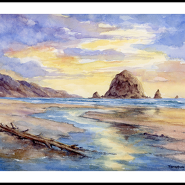 Following the Tide original watercolor seascape featuring an Oregon Coast beach at sunset with sea stacks, driftwood, reflective tidal pools, and Pacific Ocean waves in the Pacific Northwest by Oregon watercolor artist Diana Vodjansky