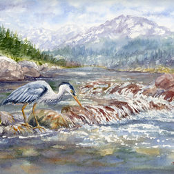 Patience on the River original watercolor featuring great blue heron, flowing mountain river, snow-capped peaks, Pacific Northwest landscape, and wildlife by Diana Vodjansky