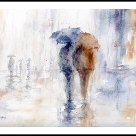 When the Rains Return watercolor by Diana Vodjansky featuring two figures walking together beneath umbrellas in an atmospheric Pacific Northwest autumn rain scene
